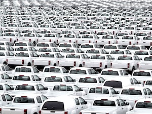 A view of thousands of new cars lined up at a compound near Sheerness in Kent.