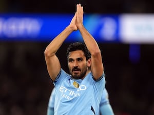 Manchester City’s Ilkay Gundogan applauds the crowd during the Champions League game against Feyenoord