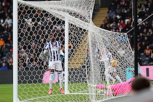 Josh Maja heads Albion 2-0 in front (Photo by Adam Fradgley/West Bromwich Albion FC via Getty Images)