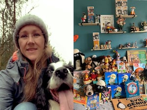 Mel Harrison with a dog, left, and Aardman memorabilia, right