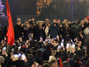 Albin Kurti delivers a speech to supporters