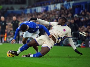 Chelsea’s Axel Disasi fouls Everton’s Iliman Ndiaye