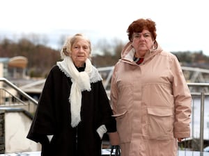 Gertrude Barrett (left), mother of Michael Barrett, who died in the Stardust fire, and Lorraine Sorohan (right), sister of Teresa McDonnell