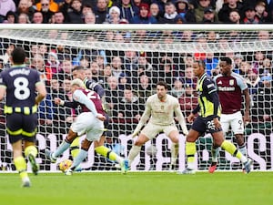 Morgan Rogers shoots to score Aston Villa's second goal against Manchester City (Mike Egerton/PA)