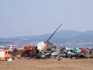 Firefighters and rescue team members work near the wreckage of the passenger plane