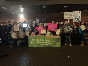 Protesters outside the civic centre before the meeting. Photo: Kerry Ashdown