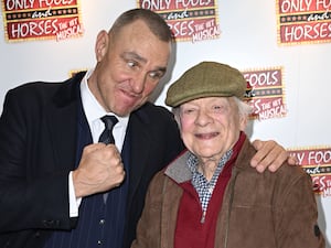 Actor Sir David Jason (right) joins cast member Vinnie Jones of Only Fools and Horses The Musical ahead of the opening night at the Hammersmith Apollo