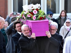 The coffin arrives at St Paul’s Church in Blackpool for the funeral of Linda Nolan