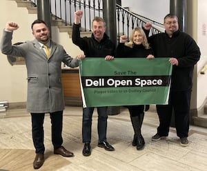 Campaigners celebrate after Dudley Council rejected an application to extend the Aldi store in Wollaston. (l-r) Cllr Andrew Tromans, David Sheppard, Suzanne Webb and James Merrick. Picture Martyn Smith/LDRS free for LDRS use