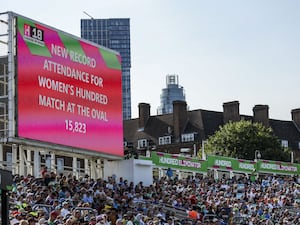 General view of the TV screen displaying the message ‘New record for attendance for the Women’s Hundred at the Oval’