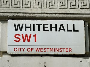 The street sign for Whitehall, in Westminster, central London.