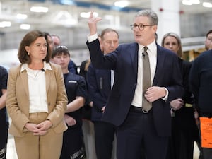 Prime Minister Sir Keir Starmer, with First Minister of Wales Eluned Morgan, addressing staff during a visit to Airbus in Broughton