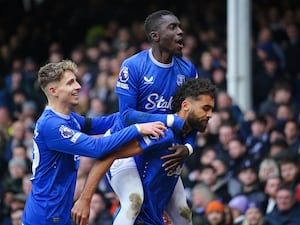 Everton’s Dominic Calvert-Lewin and team-mates celebrate scoring