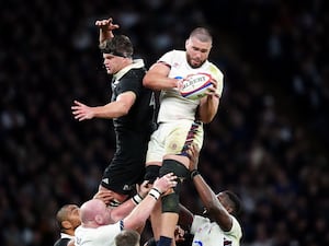 England’s George Martin wins a line out against New Zealand