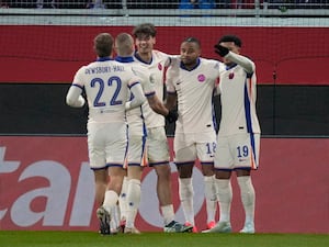 Christopher Nkunku, second from right, celebrates his goal