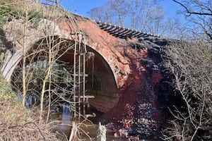 The landslide on the Severn Valley Railway, near to the Astbury Gold Course and Bridgnorth. Half of the edging stones on a bridge have gone as well as the land.