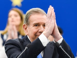 Venezuela’s Edmundo Gonzalez Urrutia thanks parliament members after delivering his speech as he and compatriot Maria Corina Machado are awarded the EU’s top human rights honour, the Sakharov Prize