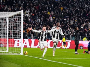 Juventus’ Francisco Conceicao celebrates after scoring the only goal in a 1-0 Serie A win over Inter Milan goal for his team during the Italian Serie A soccer match between Juventus and Inter Milan at the Juventus Stadium in Turin, Italy, Sunday, Feb. 16, 2025. (Fabio Ferrari/LaPresse via AP)