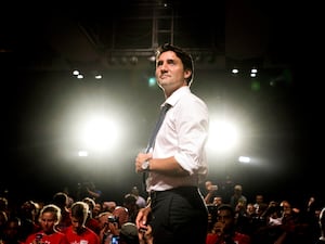 Justin Trudeau speaks to supporters during a campaign stop in Toronto