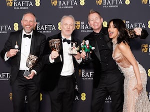 Camila Cabello presents Nick Park, Merlin Crossingham and Richard Beek with the Best Children’s & Family Film award for Wallace & Gromit: Vengeance Most Fowl