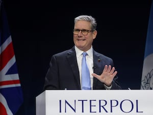 Prime Minister Sir Keir Starmer giving a speech during the Interpol General Assembly