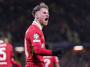 Alexis Mac Allister celebrates scoring Liverpool's opener against Real Madrid (Peter Byrne/PA)