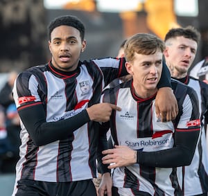 Zidan Sutherland celebrates his winner alongside Andrew Burns. Pic: Jim Wall