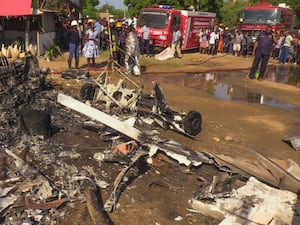 The wreckage of a crashed aircraft