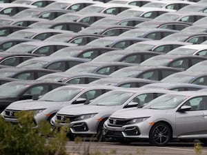 Honda cars lined up ready for export at the Port of Southampton