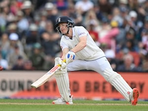 England’s Harry Brook bats during play on the third day of the first Test between England and New Zealand at Hagley Oval in Christchurch