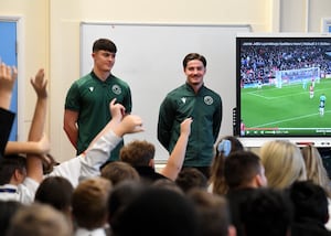 Walsall FC players Jamie Jellis and Tommy Simkin visit Castle School in Walsall.