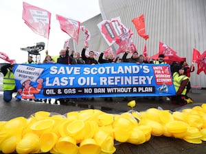 Protesters braved wet and windy weather to protest over Labour's response to the closure of Grangemouth