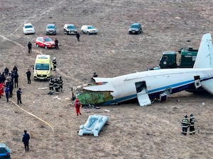 The wreckage of Azerbaijan Airlines Embraer 190 lays on the ground near the airport of Aktau, Kazakhstan