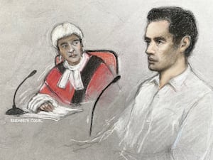 Court artist sketch of Daniel Khalife and judge