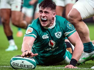 Dan Sheehan cheers after putting the ball down