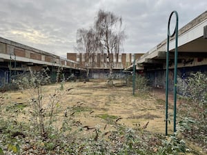 The former shopping precinct is overgrown