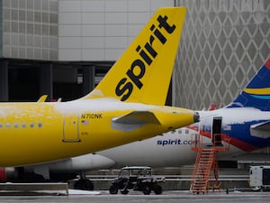 Spirit Airlines planes parked at the closed George Bush Intercontinental Airport