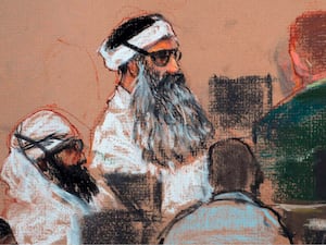 A court artist drawing of Khalid Sheikh Mohammed, centre, and co-defendant Walid Bin Attash in court