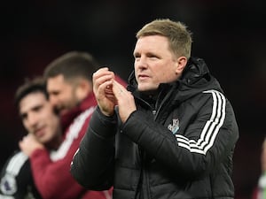 Newcastle head coach Eddie Howe celebrates a 2-0 Premier League victory at Manchester United