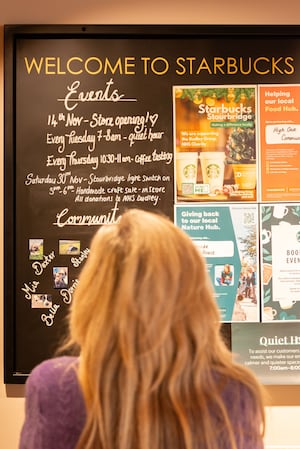 Community and in-store events are showcased on a board at the new coffee shop. Photo: Starbucks