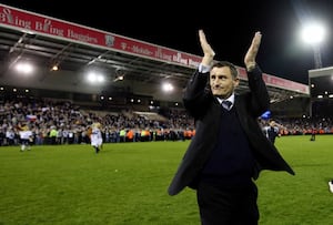 Tony Mowbray applauds the Albion fans after promotion to the Premier League was all but secured against Southampton.