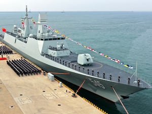 An aerial drone photo shows China’s first Type 054B frigate