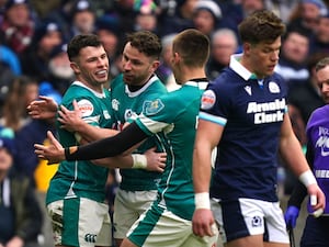 Calvin Nash, left, celebrates after scoring Ireland's first try