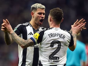 Newcastle skipper Bruno Guimaraes and predecessor Kieran Trippier celebrate following the Carabao Cup semi-final second-leg win over Arsenal