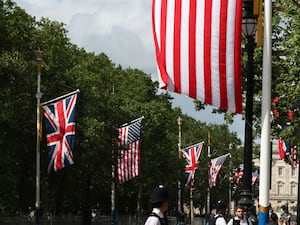 US and UK flags on the Mall leading up to Buckingham Palace