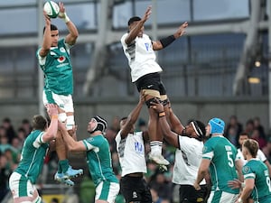 Ireland’s Cormac Izuchukwu wins a line-out against Fiji