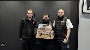 Naz is presented with his hamper. (L-R) Daniel Green (GSF Walsall Branch Manager); Nawaz 'Naz' Arslan (Quick Fix Auto); Adam Fellows (GSF Birmingham Regional Manager) 