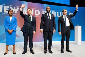 (left to right) Tory leadership candidates, Kemi Badenoch, Robert Jenrick, James Cleverly and Tom Tugendhat, stand together on stage after delivering their speeches during the Conservative Party Conference at the International Convention Centre in Birmingham. Picture date: Wednesday October 2, 2024.