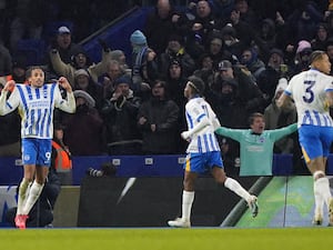 Joao Pedro (left) celebrates scoring