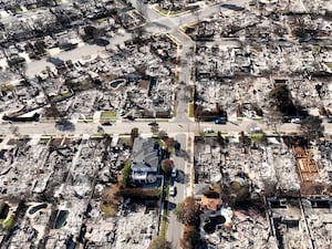 Aerial view of burnt-out homes